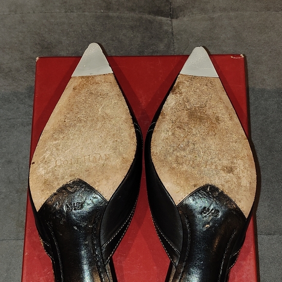 EUC COLE HAAN CITY BLACK LEATHER SLIP-ON MULES POINTED TOE 2½" KITTEN HEELS 6½B - Picture 5 of 14